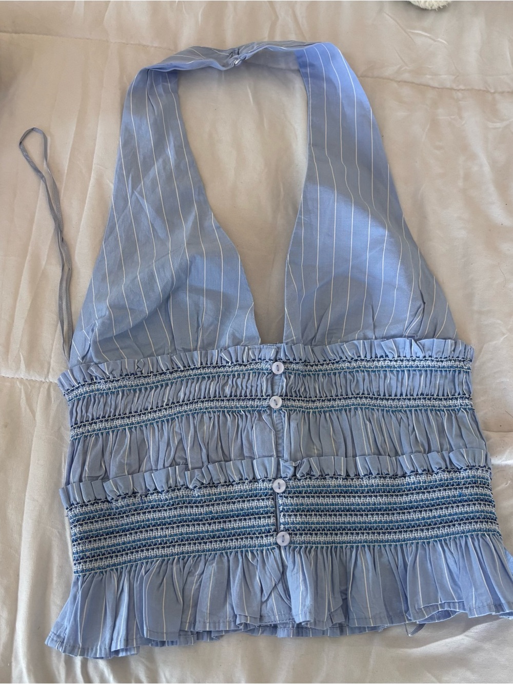 Zara Light Blue Striped Halter Smocked Crop Top Small